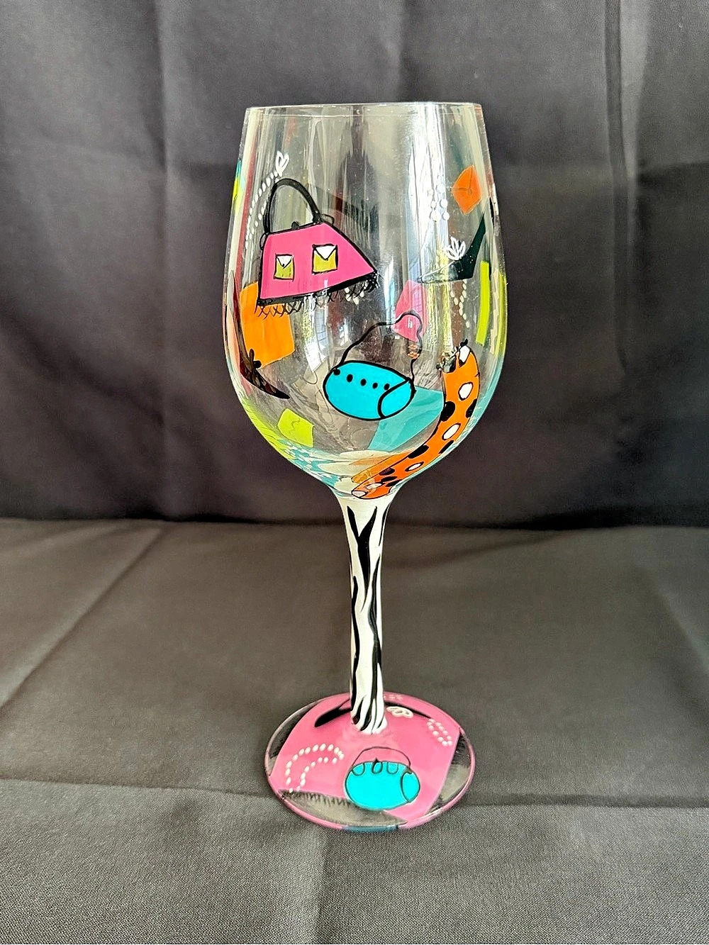 Lolita Shopaholic, Too Hand-Painted Wine Glass, Clear & Pink